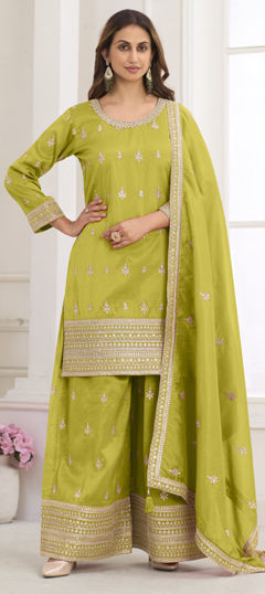 Green color Salwar Kameez in Silk fabric with Embroidered work