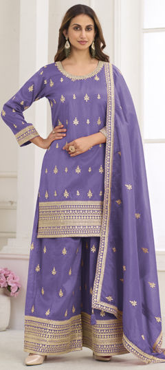 Purple and Violet color Salwar Kameez in Silk fabric with Embroidered work