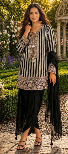 Black and Grey color Salwar Kameez in Crepe Silk fabric with Embroidered, Sequence work