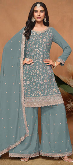 Green color Salwar Kameez in Silk fabric with Embroidered, Stone work