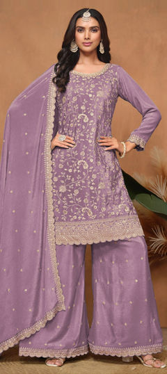 Purple and Violet color Salwar Kameez in Silk fabric with Embroidered, Stone work