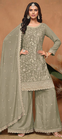Green color Salwar Kameez in Silk fabric with Embroidered, Stone work
