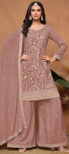 Beige and Brown color Salwar Kameez in Silk fabric with Embroidered, Stone work