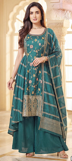 Blue color Salwar Kameez in Silk fabric with Embroidered, Sequence, Thread work