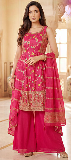 Pink and Majenta color Salwar Kameez in Silk fabric with Embroidered, Sequence, Thread work