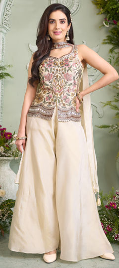 White and Off White color Salwar Kameez in Silk fabric with Embroidered, Mirror, Sequence, Thread work
