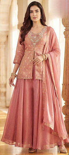 Pink and Majenta color Salwar Kameez in Silk fabric with Embroidered work