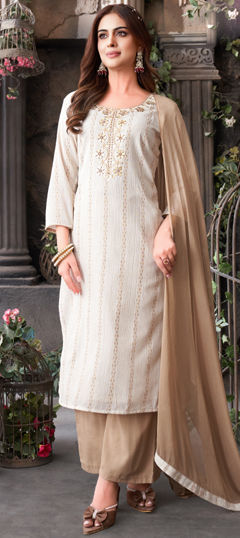 White and Off White color Salwar Kameez in Silk fabric with Embroidered work