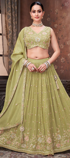Green color Ready to Wear Lehenga in Silk fabric with Bugle Beads, Cut Dana, Sequence, Thread work