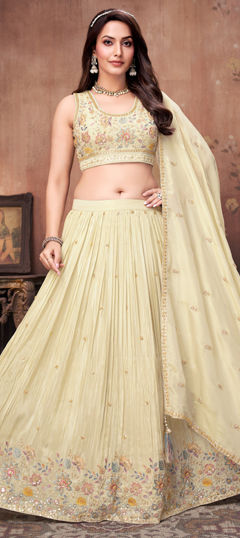 White and Off White color Ready to Wear Lehenga in Silk fabric with Bugle Beads, Cut Dana, Embroidered, Sequence work