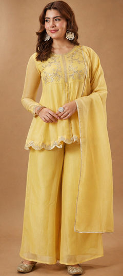 Yellow color Salwar Kameez in Crushed Silk fabric with Embroidered work