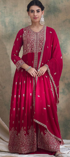 Pink and Majenta color Salwar Kameez in Faux Georgette fabric with Embroidered work