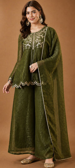 Green color Salwar Kameez in Crushed Silk fabric with Embroidered work
