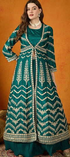 Green color Salwar Kameez in Chinon Silk fabric with Embroidered work