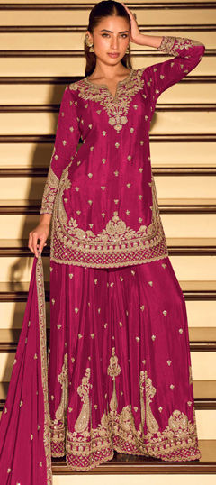Pink and Majenta color Salwar Kameez in Chinon Silk fabric with Embroidered, Sequence work