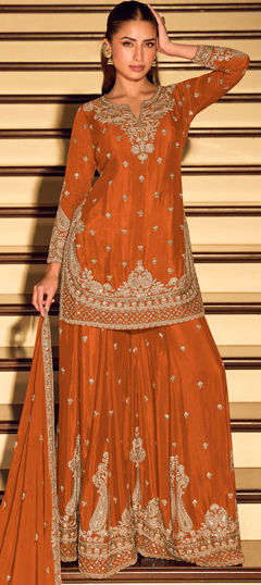 Orange color Salwar Kameez in Chinon Silk fabric with Embroidered, Sequence work