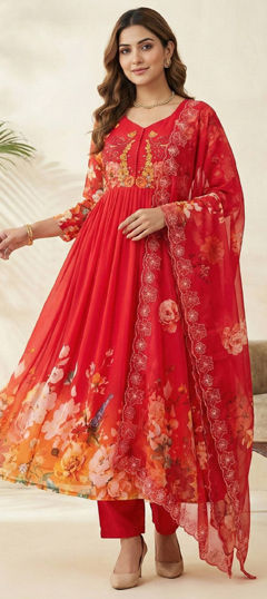 Red and Maroon color Salwar Kameez in Georgette fabric with Embroidered, Floral, Printed work