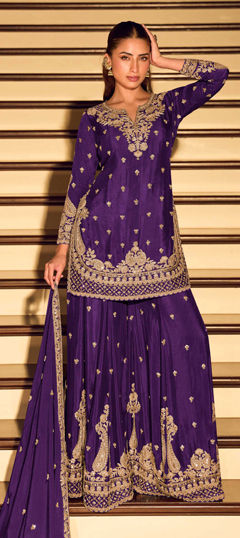 Purple and Violet color Salwar Kameez in Chinon Silk fabric with Embroidered, Sequence work