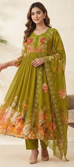 Green color Salwar Kameez in Georgette fabric with Embroidered, Floral, Printed work