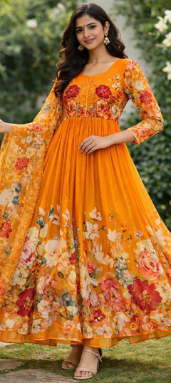 Orange color Salwar Kameez in Georgette fabric with Embroidered, Floral, Printed work