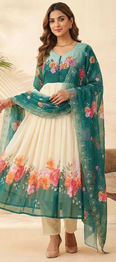 Blue, White and Off White color Salwar Kameez in Georgette fabric with Embroidered, Floral, Printed work