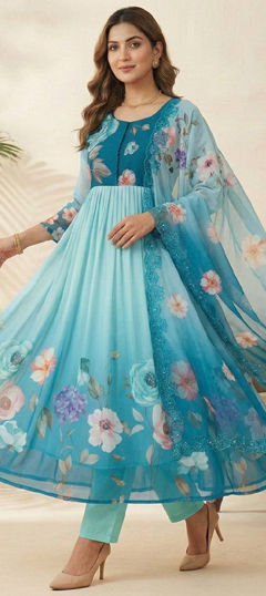 Blue color Salwar Kameez in Georgette fabric with Embroidered, Floral, Printed work