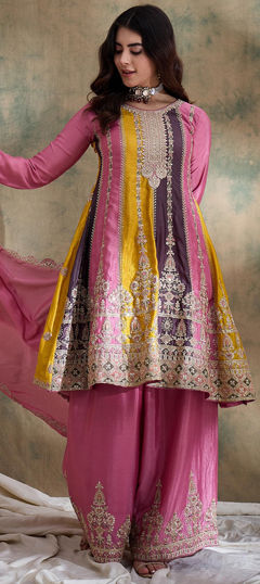 Pink and Majenta color Salwar Kameez in Chinon Silk fabric with Embroidered, Sequence work