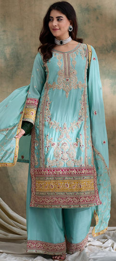 Blue color Salwar Kameez in Chinon Silk fabric with Embroidered, Sequence work