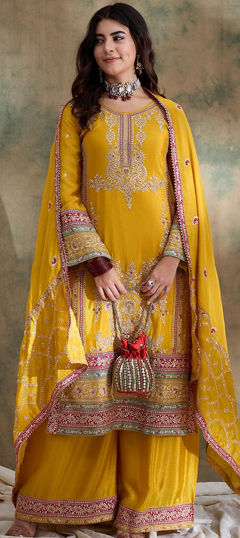 Yellow color Salwar Kameez in Chinon Silk fabric with Embroidered, Sequence work