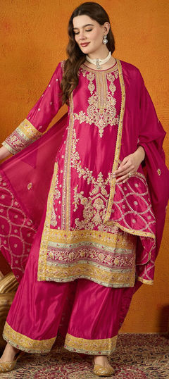 Pink and Majenta color Salwar Kameez in Chinon Silk fabric with Embroidered, Sequence work