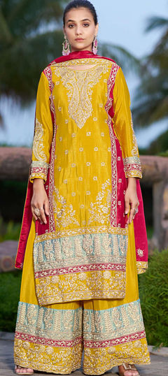 Yellow color Salwar Kameez in Chinon Silk fabric with Embroidered, Sequence work