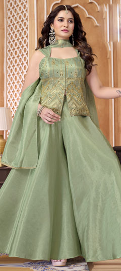 Green color Salwar Kameez in Tissue fabric with Bugle Beads, Cut Dana, Mirror work