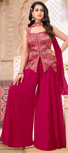 Pink and Majenta color Salwar Kameez in Silk fabric with Cut Dana, Embroidered, Stone work