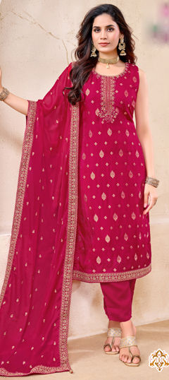 Pink and Majenta color Salwar Kameez in Silk fabric with Bugle Beads, Embroidered, Mirror, Zardozi work