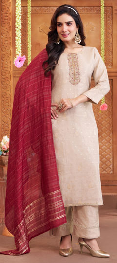 White and Off White color Salwar Kameez in Silk fabric with Bugle Beads, Cut Dana, Embroidered, Thread work