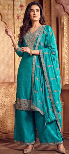 Blue color Salwar Kameez in Silk fabric with Embroidered, Sequence work