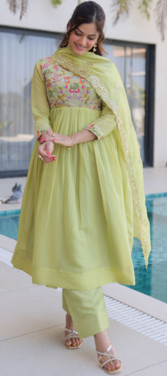 Green color Salwar Kameez in Mul Chanderi fabric with Embroidered work