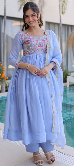 Purple and Violet color Salwar Kameez in Mul Chanderi fabric with Embroidered work