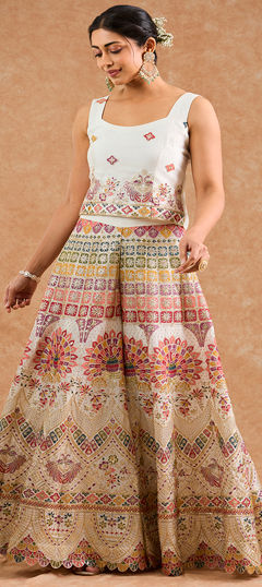 White and Off White color Salwar Kameez in Chinon Silk fabric with Embroidered, Sequence work