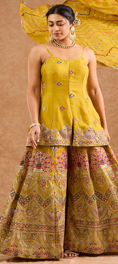 Yellow color Salwar Kameez in Chinon Silk fabric with Embroidered, Sequence work