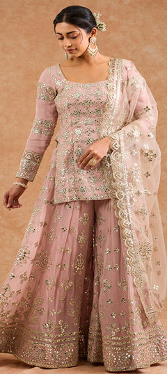 Pink and Majenta color Salwar Kameez in Georgette fabric with Applique, Gota Patti work