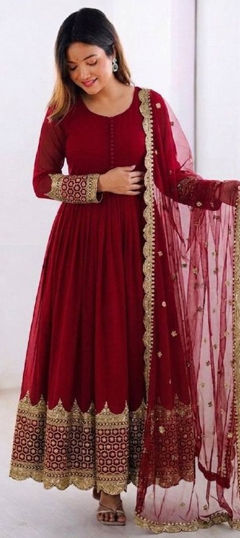 Red and Maroon color Gown in Faux Georgette fabric with Embroidered, Sequence work