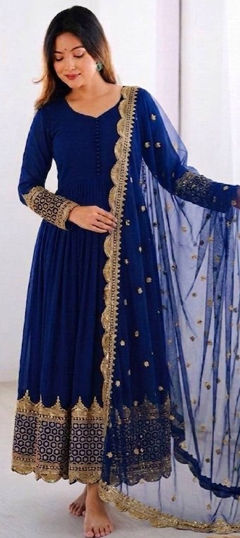 Blue color Gown in Faux Georgette fabric with Embroidered, Sequence work