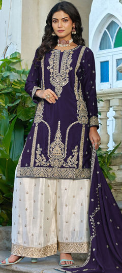 Purple and Violet color Salwar Kameez in Chinon Silk fabric with Embroidered work