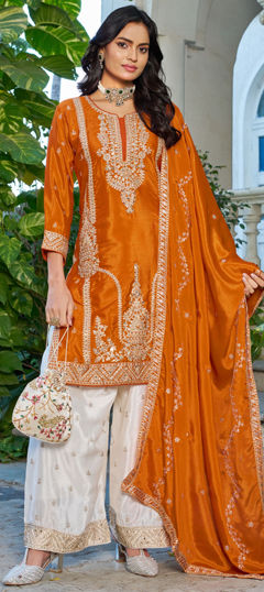 Orange color Salwar Kameez in Chinon Silk fabric with Embroidered work