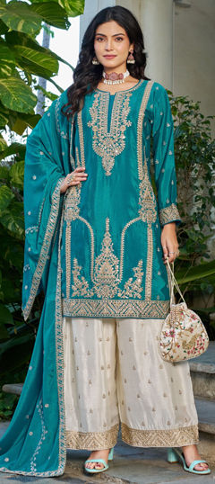 Blue color Salwar Kameez in Chinon Silk fabric with Embroidered work