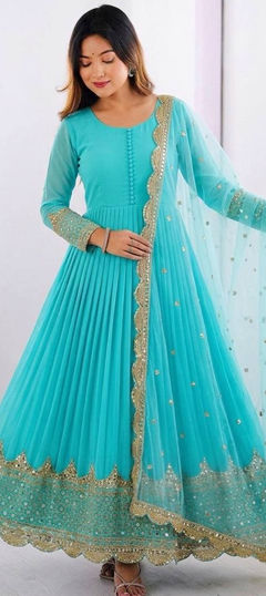 Blue color Gown in Faux Georgette fabric with Embroidered, Sequence work