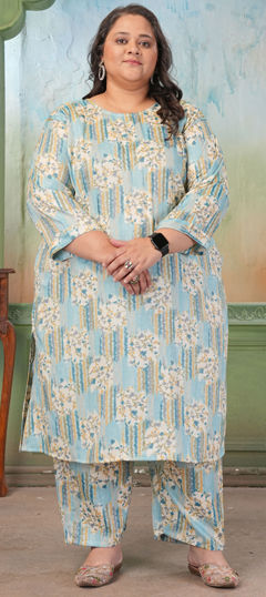 Blue color Salwar Kameez in Rayon fabric with Printed work
