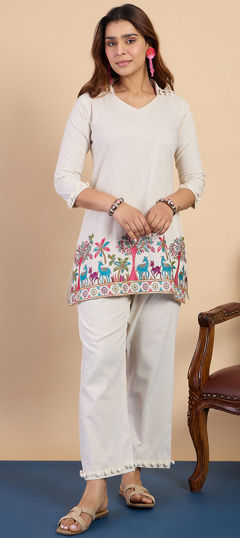 White and Off White color Salwar Kameez in Cotton Flex fabric with Embroidered work