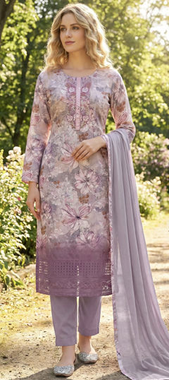 Purple and Violet color Salwar Kameez in Cotton, Rayon fabric with Floral, Printed work